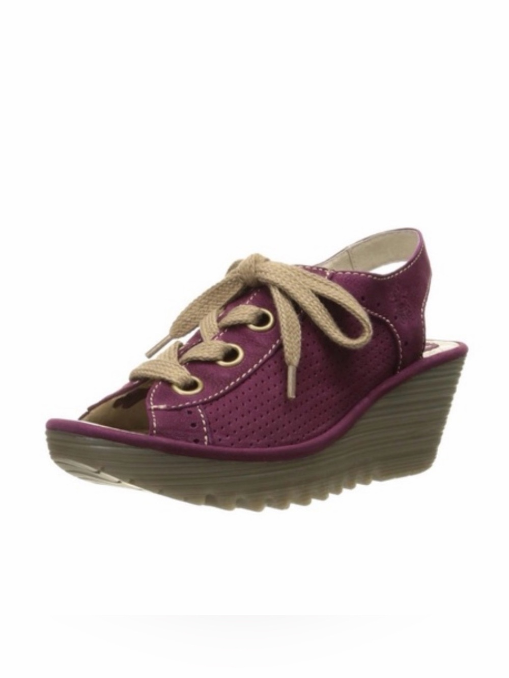 Fly London Women’s Perforated Magenta Rose Leather Lace Up Wedge Sandals Sz: 38